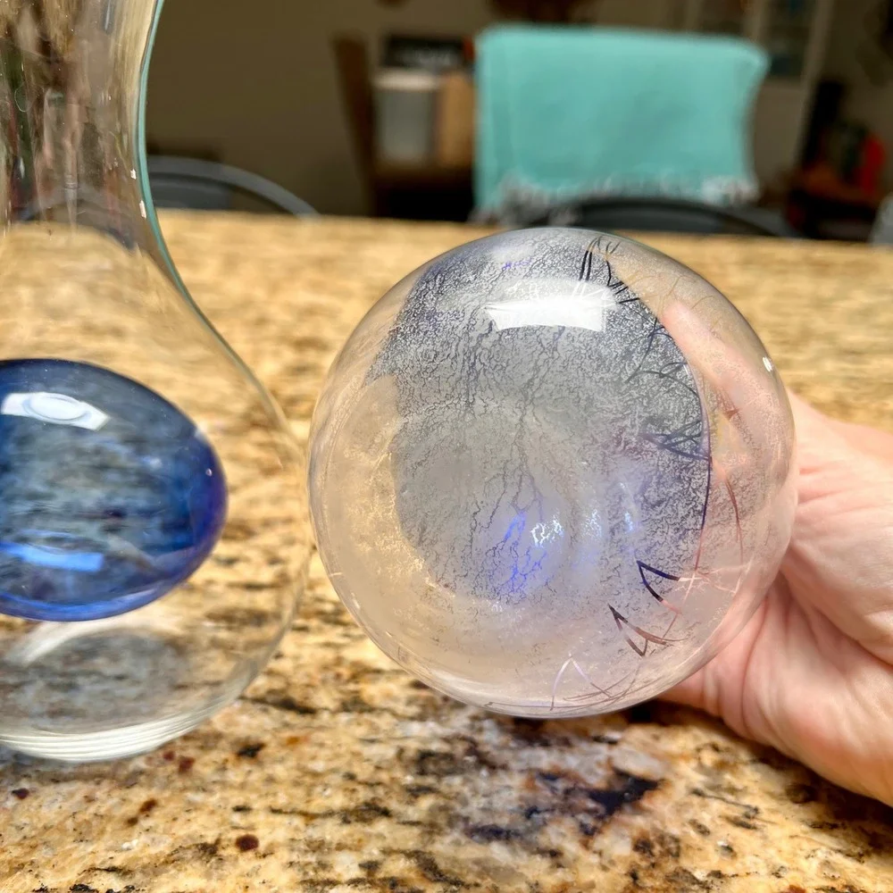 Pair of Hand Blown Glass Japanese Sake Carafes with Cobalt Blue Ice Pockets 6.5